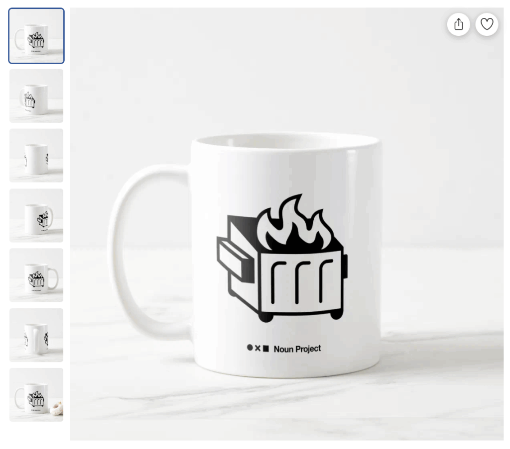 An image of a coffee mug with an icon from Noun Project on it, created with a print on demand service like Zazzle.
